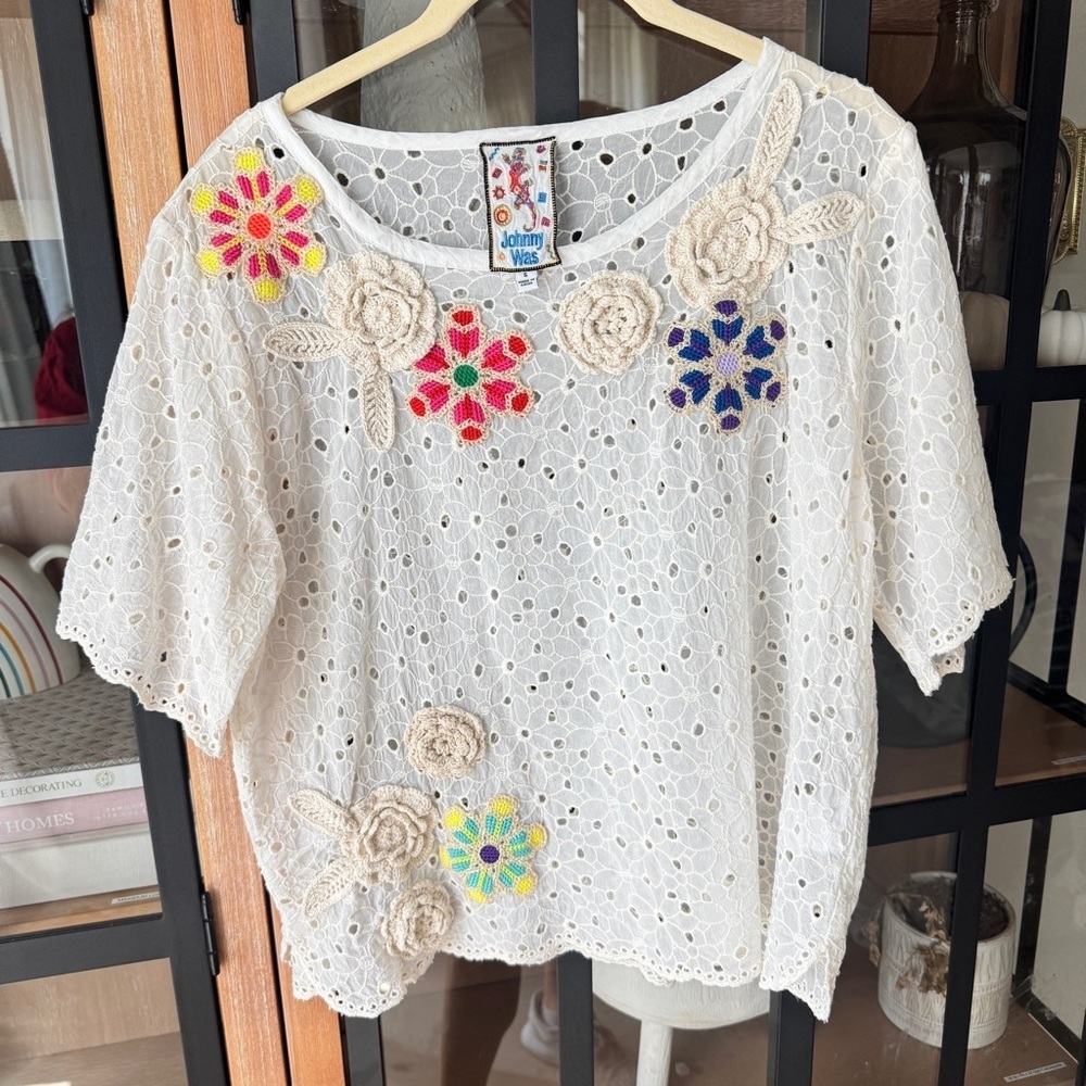 Johnny Was Nydia Appliqu Top Blouse Embroidered Eyelet Crochet Flowers Floral